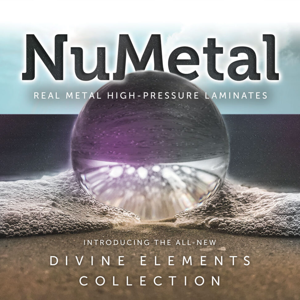 An iridescent wave with an overlay of patterned metal laminate crashes onto the beach.